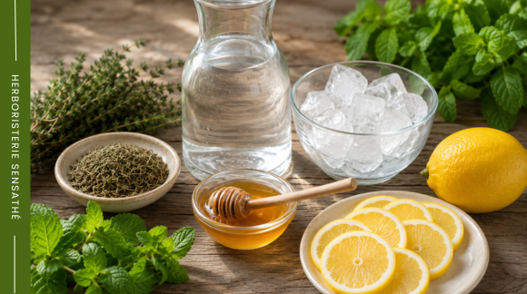 Ingrédients pour la recette de thym et citron contre la gorge irritée - Herboristerie Sensathé